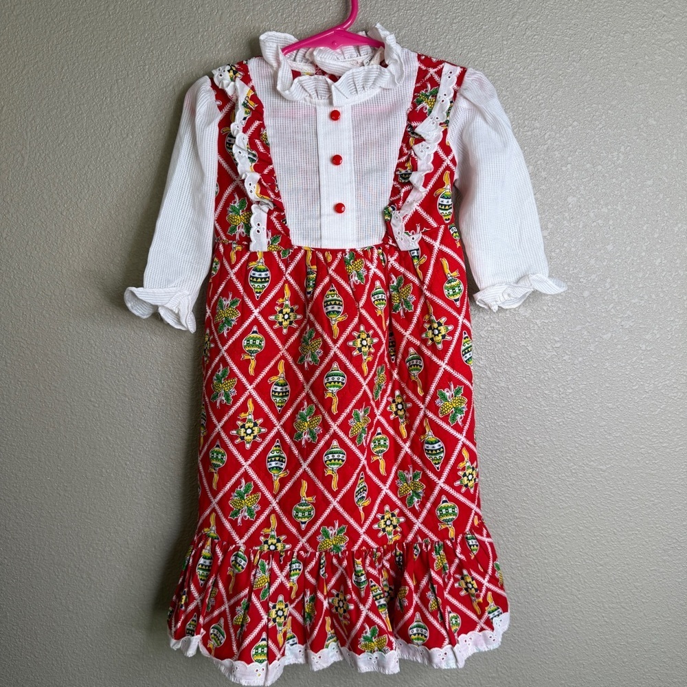 Vintage Toddler Quilted Holiday Dress Red Print w/ Ruffle Trim – Size 2T